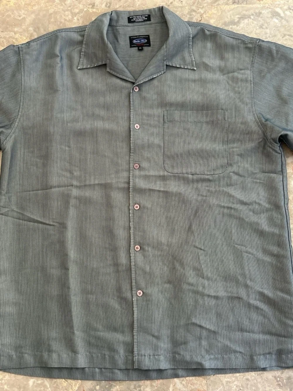 Vintage 1990s Anchor Blue Rayon Striped Camp Shirt XL Gray Button Up